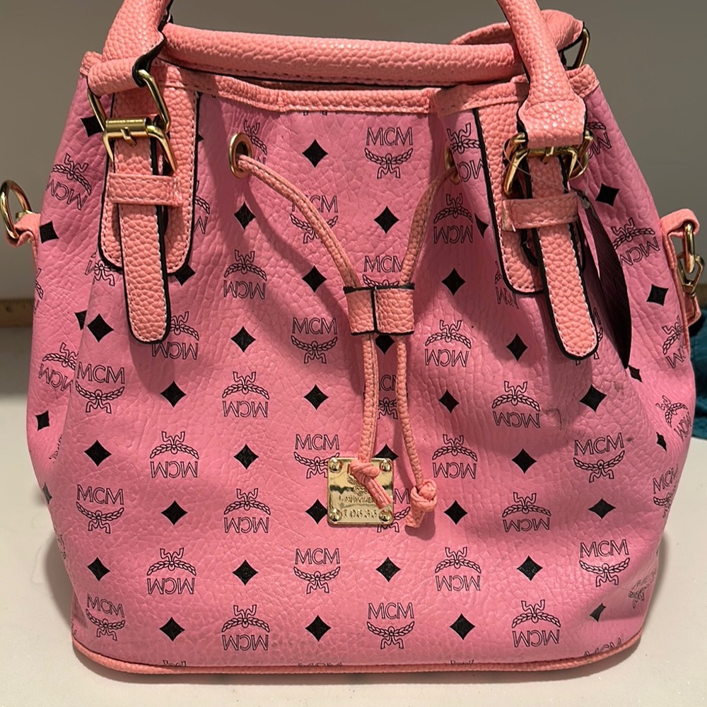 MCM Pink Logo Barrel Bag draw string